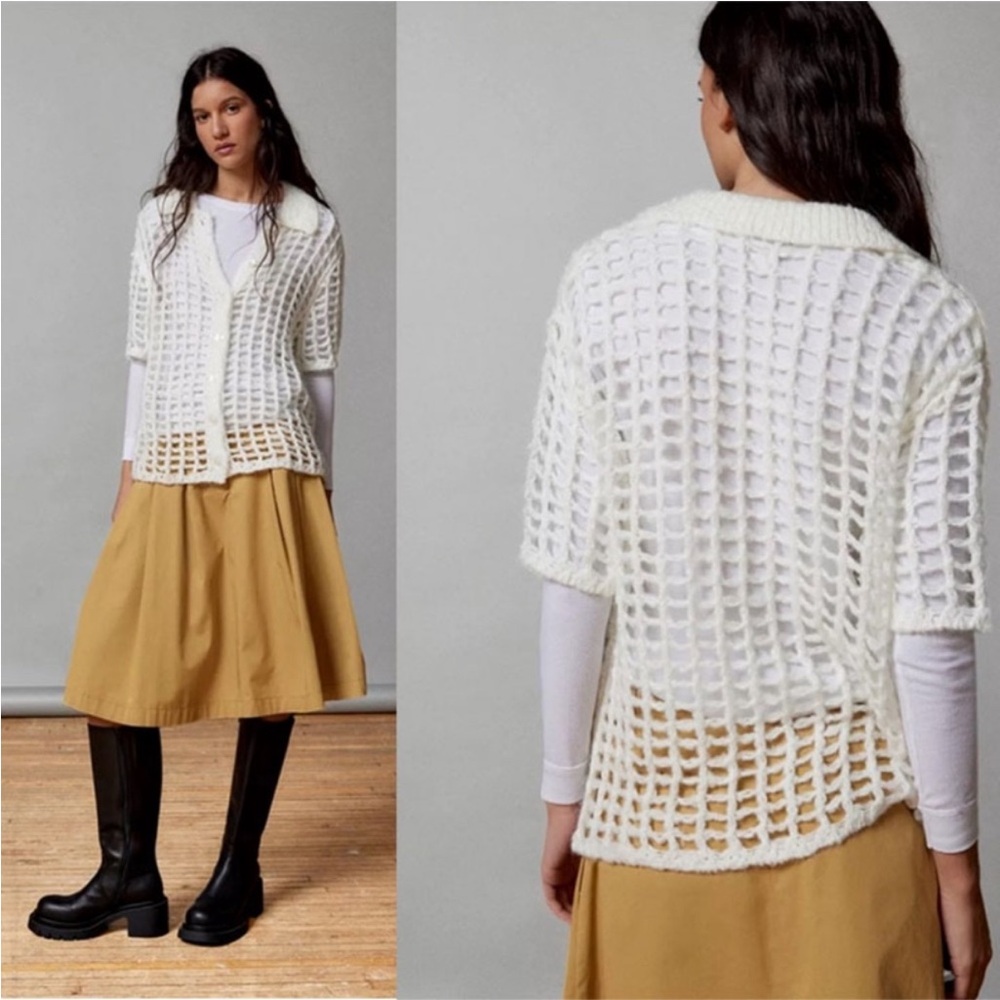 UO BDG Osaka Open-Knit Polo Sweater Top large
